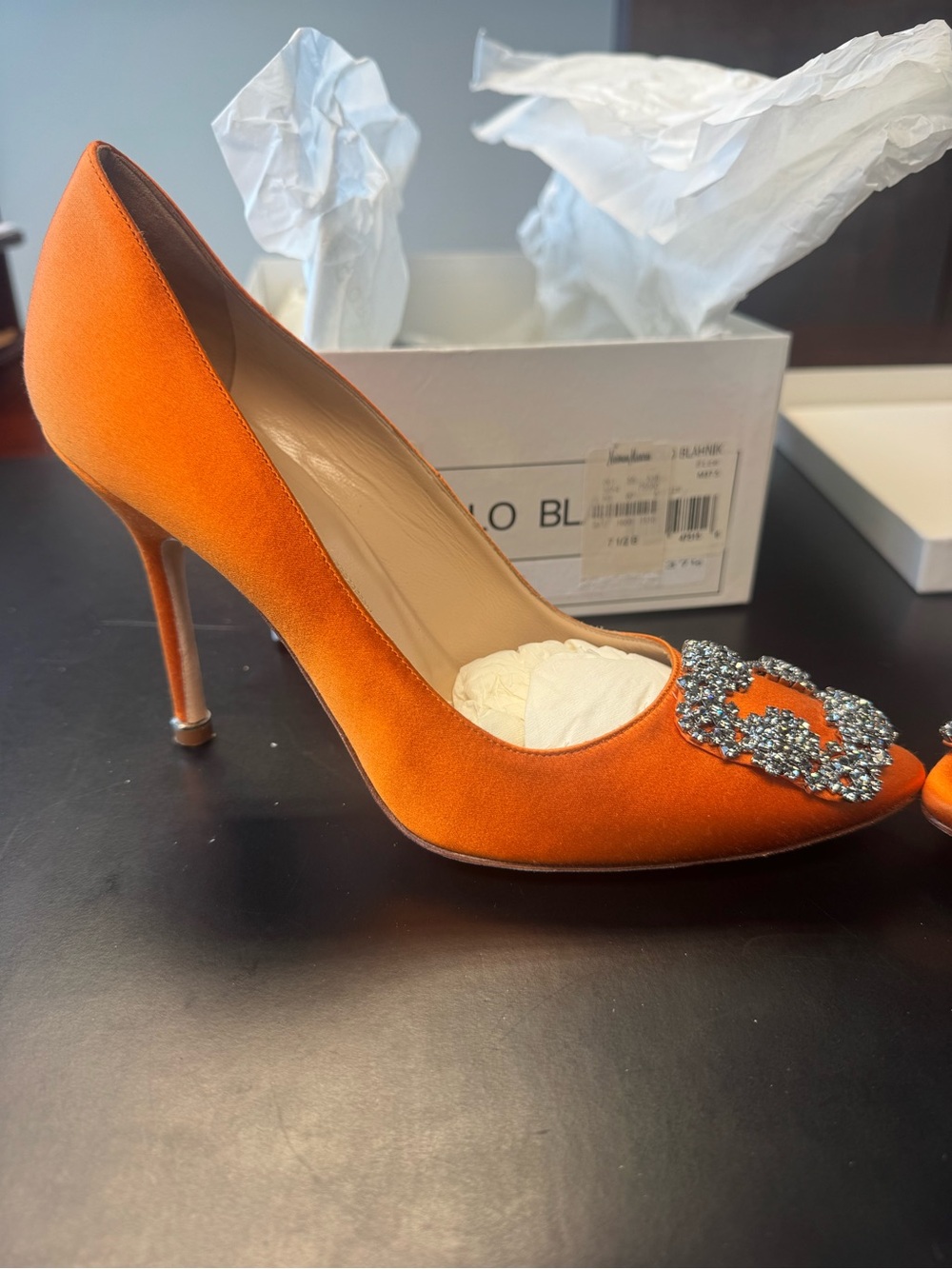 Manolo Blahnik Orange Satin Crystal-Embellished Pumps - Picture 2 of 5